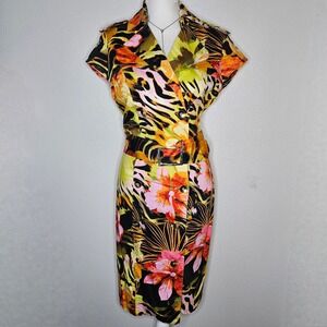 Cache Womens Tropical Floral Leopard Print Belted Trench Sheath Dress